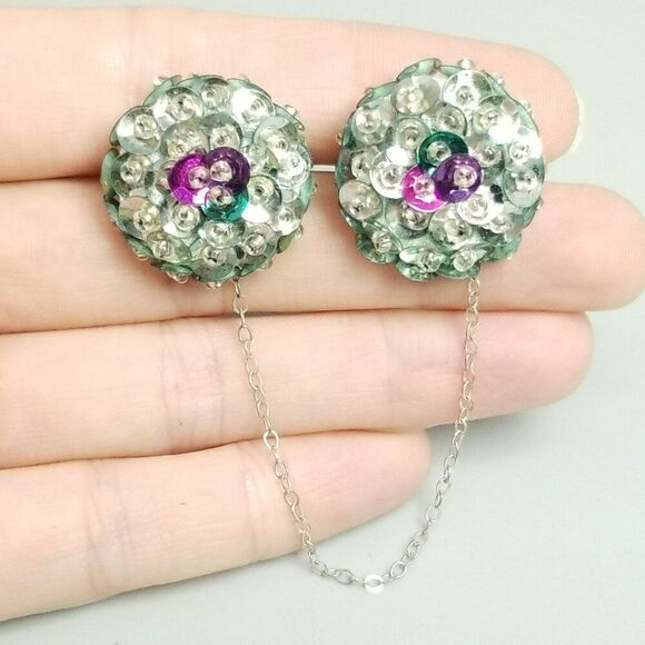 Vintage Sequin Encrusted Sweater Clip Brooches, Silver Tone, Retro Estate - Picture 1 of 6